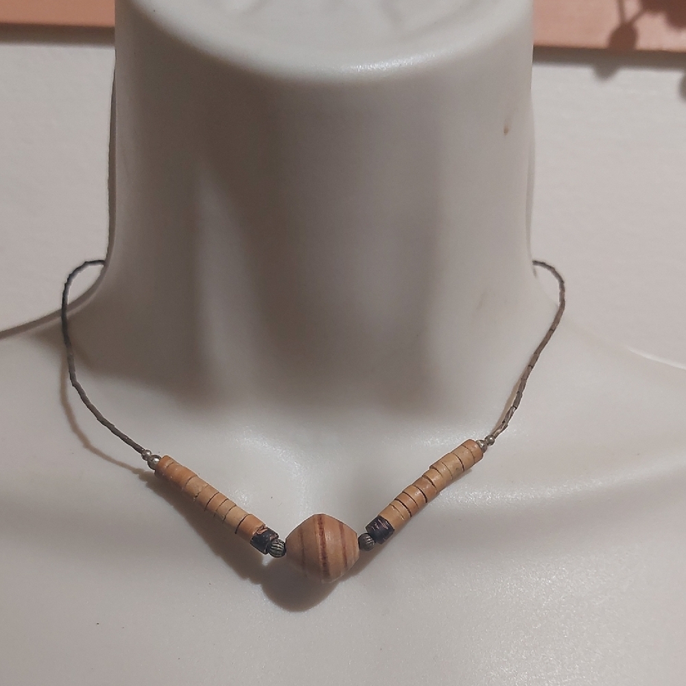 Tribal Choker Necklace with Silver Tone Tube Beads and Polished Wood Beads